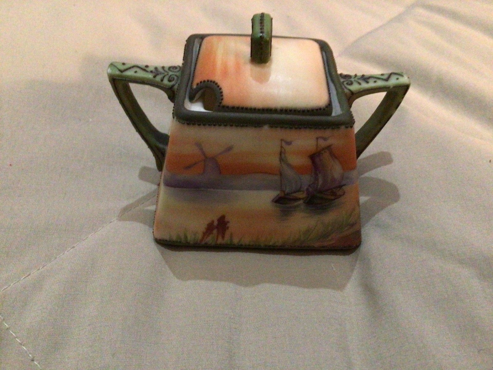 Antique Nippon Moriage Sugar Bowl w/Lid Sharp Corner Square Windmill Green M
