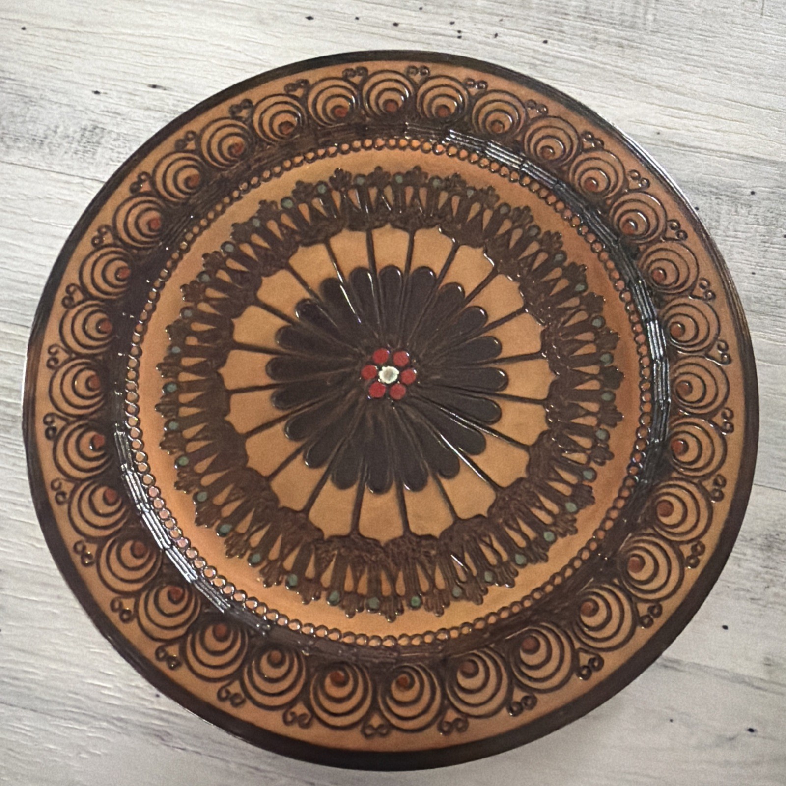 Vintage Poland Folk Art Wooden Plate Wall Art Hand Carved Pyrography 10”