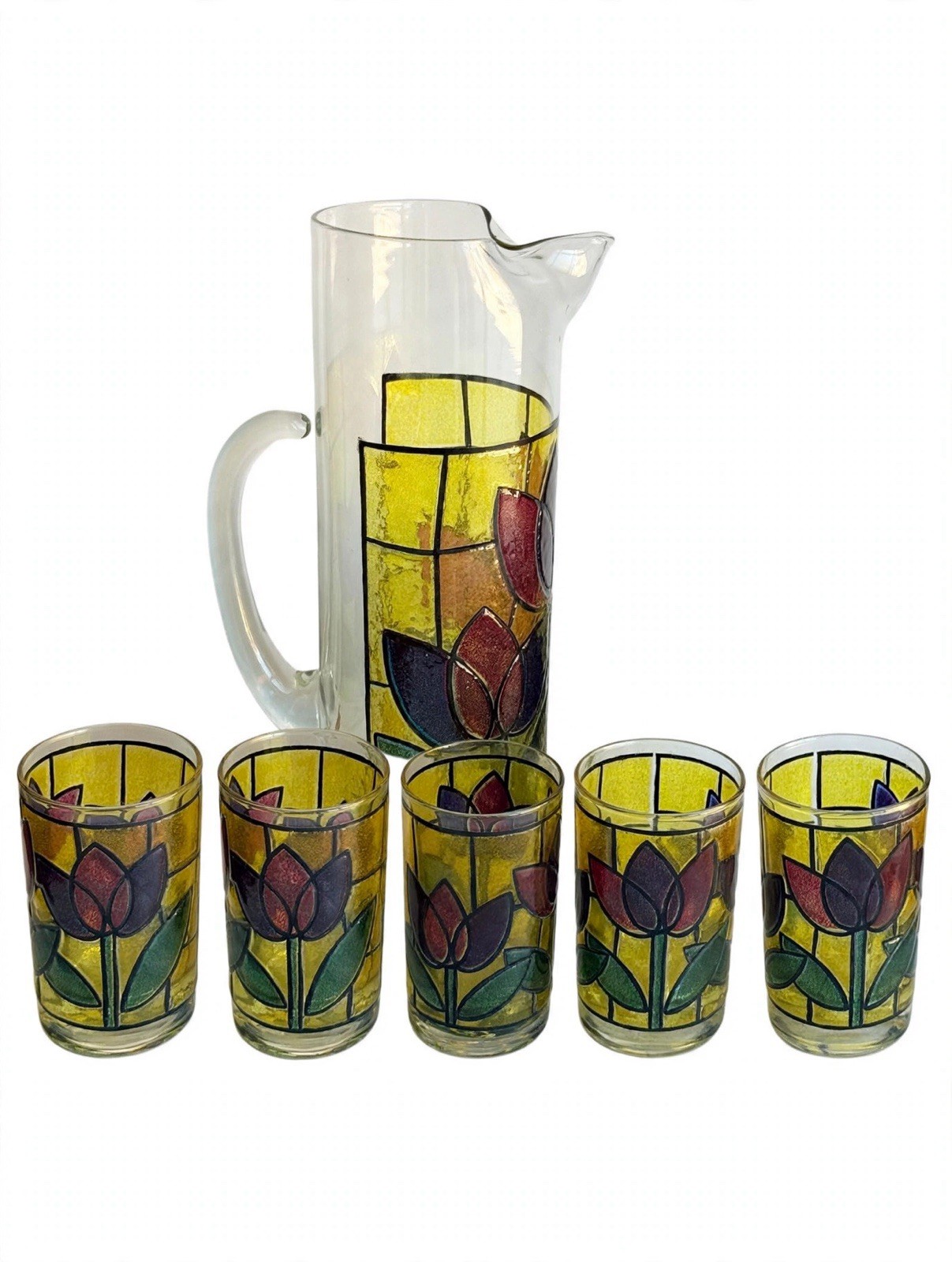 Vintage 70s Stained Glass Tulip Pitcher + 4 Glasses Set - Yellow Purple 5 Pc