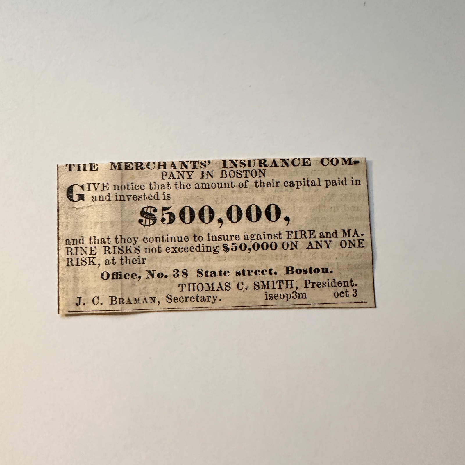 The Merchants\' Insurance Com. Thomas C. Smith 1860 Boston Ad 5AK9-S38