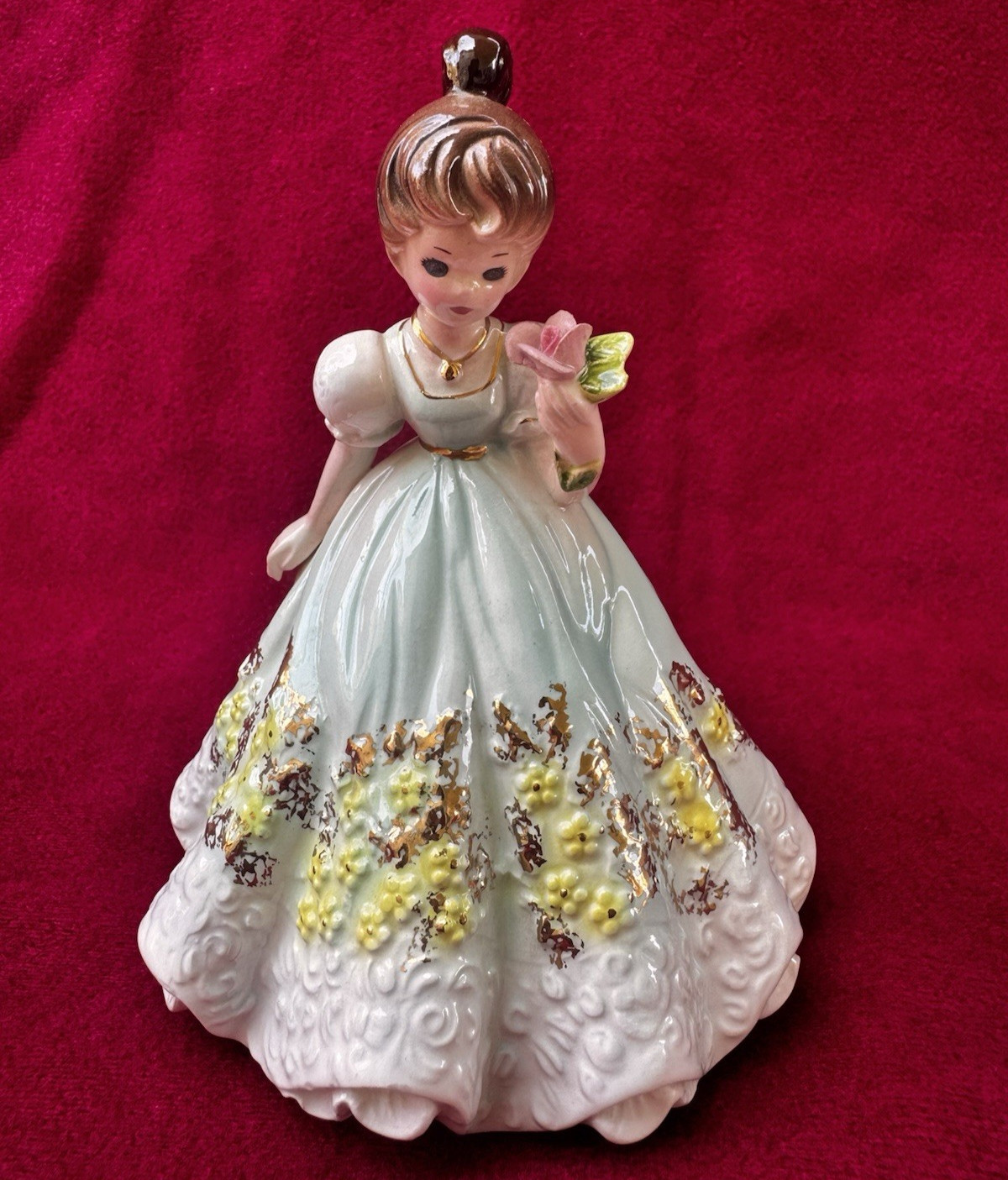 Josef Originals Figurine Girl in Blue Aqua Gown holding Rose 5.25