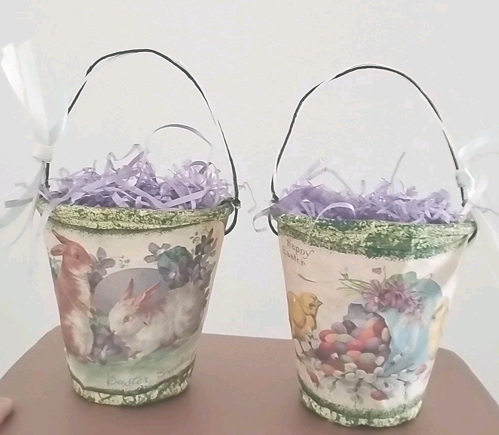 Paper Mache VINTAGE Easter Bunny ChicK 🐣 Buckets Vintage Unique Art Trinket