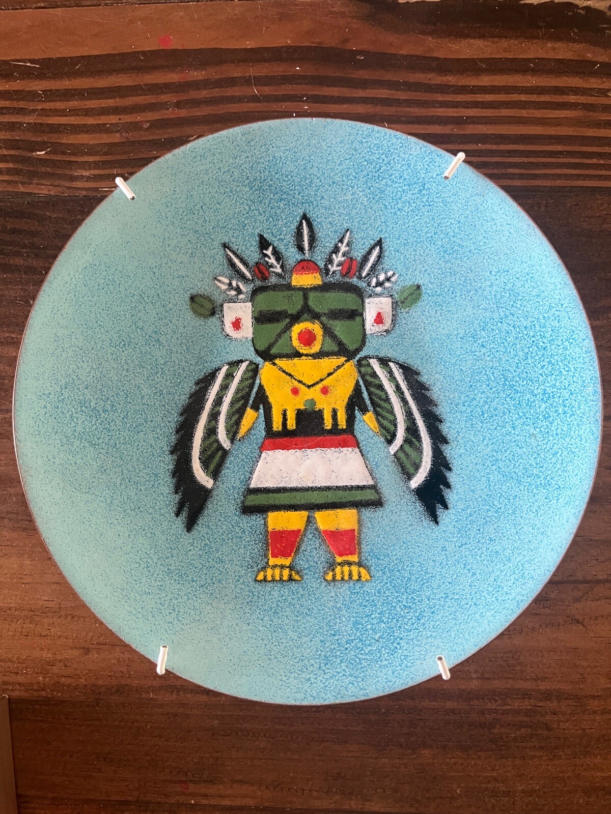 Vintage Annemarie Davidson Enamel On Copper South West Kachina turquoise Plate
