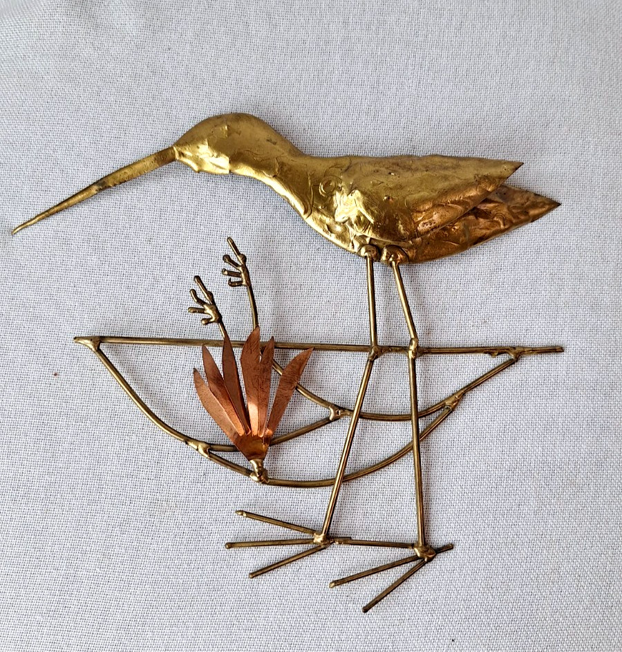 Handmade Metal Brass & Copper Sandpiper in Reeds Wall Hanging Sculpture 12\