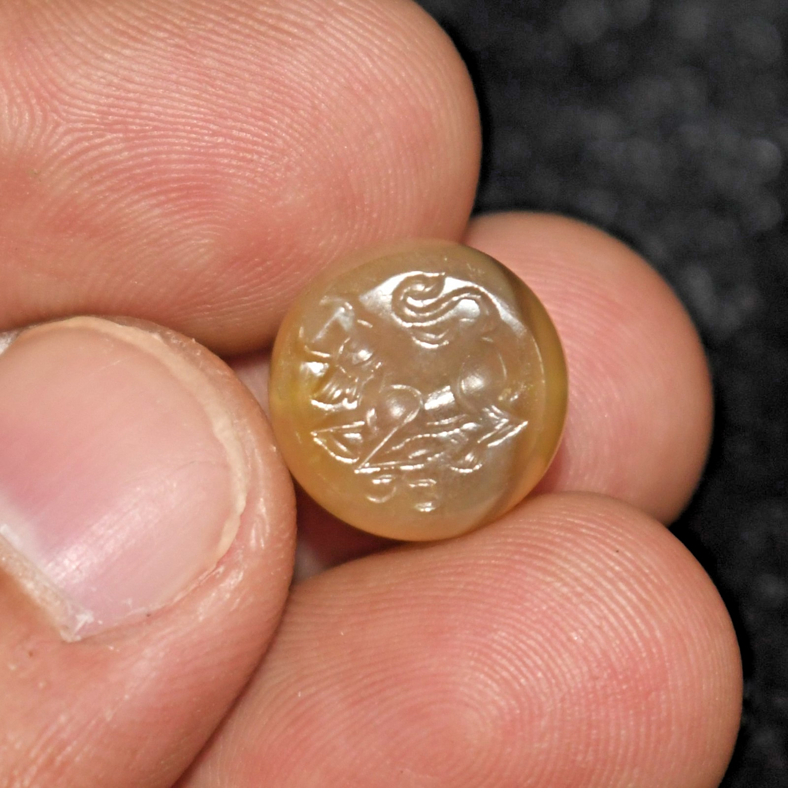 Large Ancient Near Eastern Banded Agate Stone Intaglio Seal Bead Depicting Bull