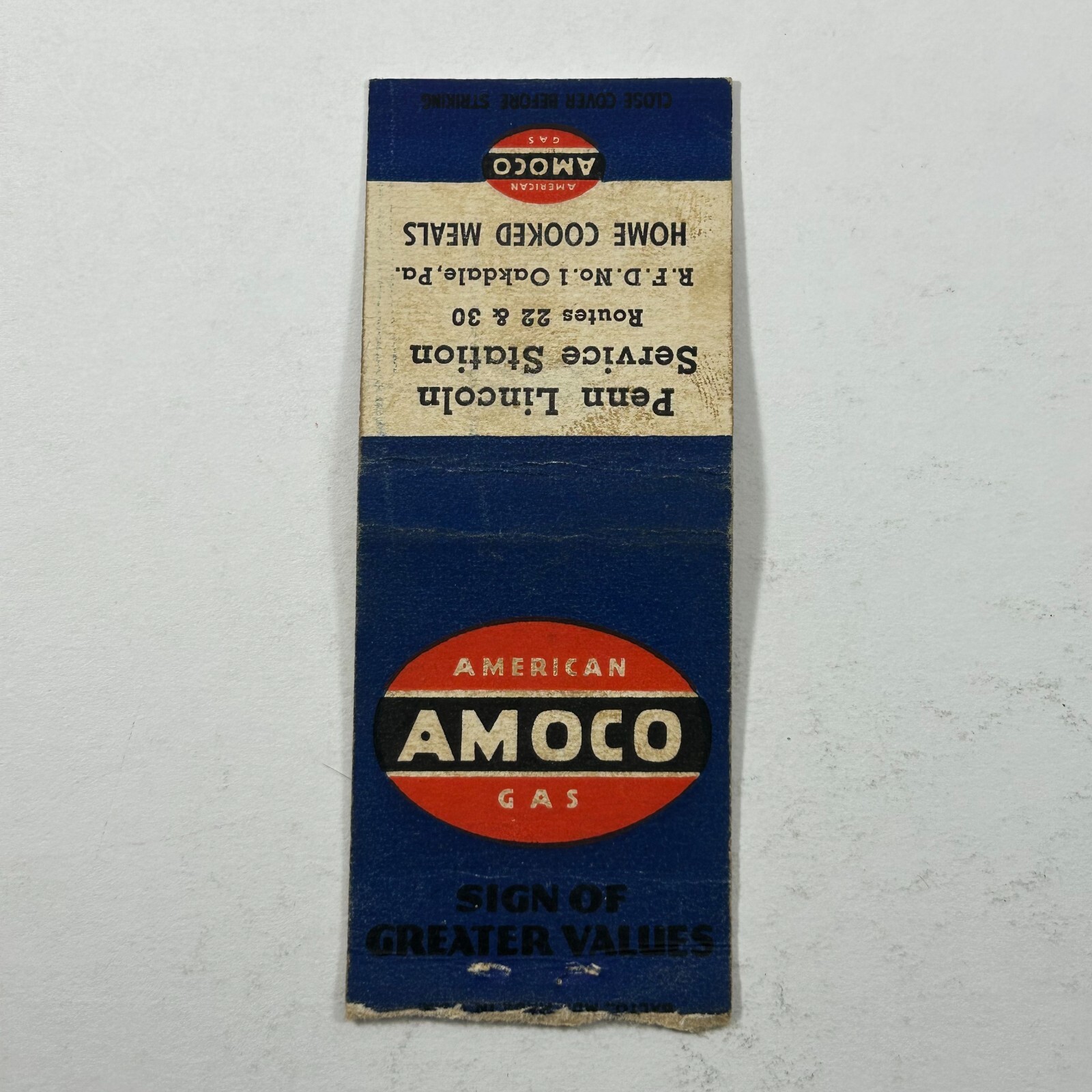 Matchbook Cover American AMOCO Gas Penn Lincoln Service Station Oakdale PA