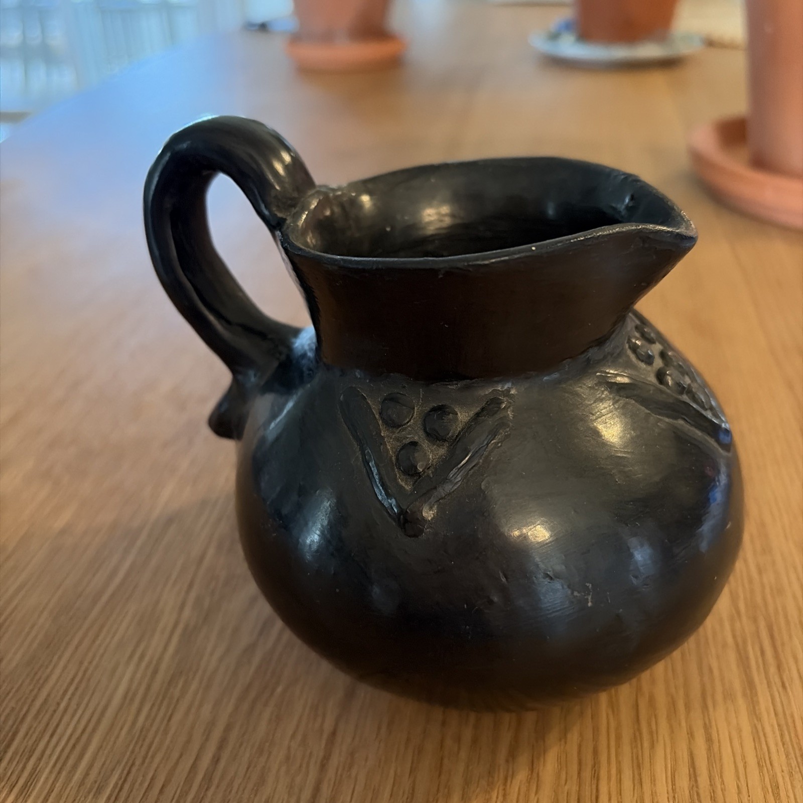 Vintage Oaxaca Barro Negro Style Mexican Folk Art Black Pottery Pitcher  4 1/2”