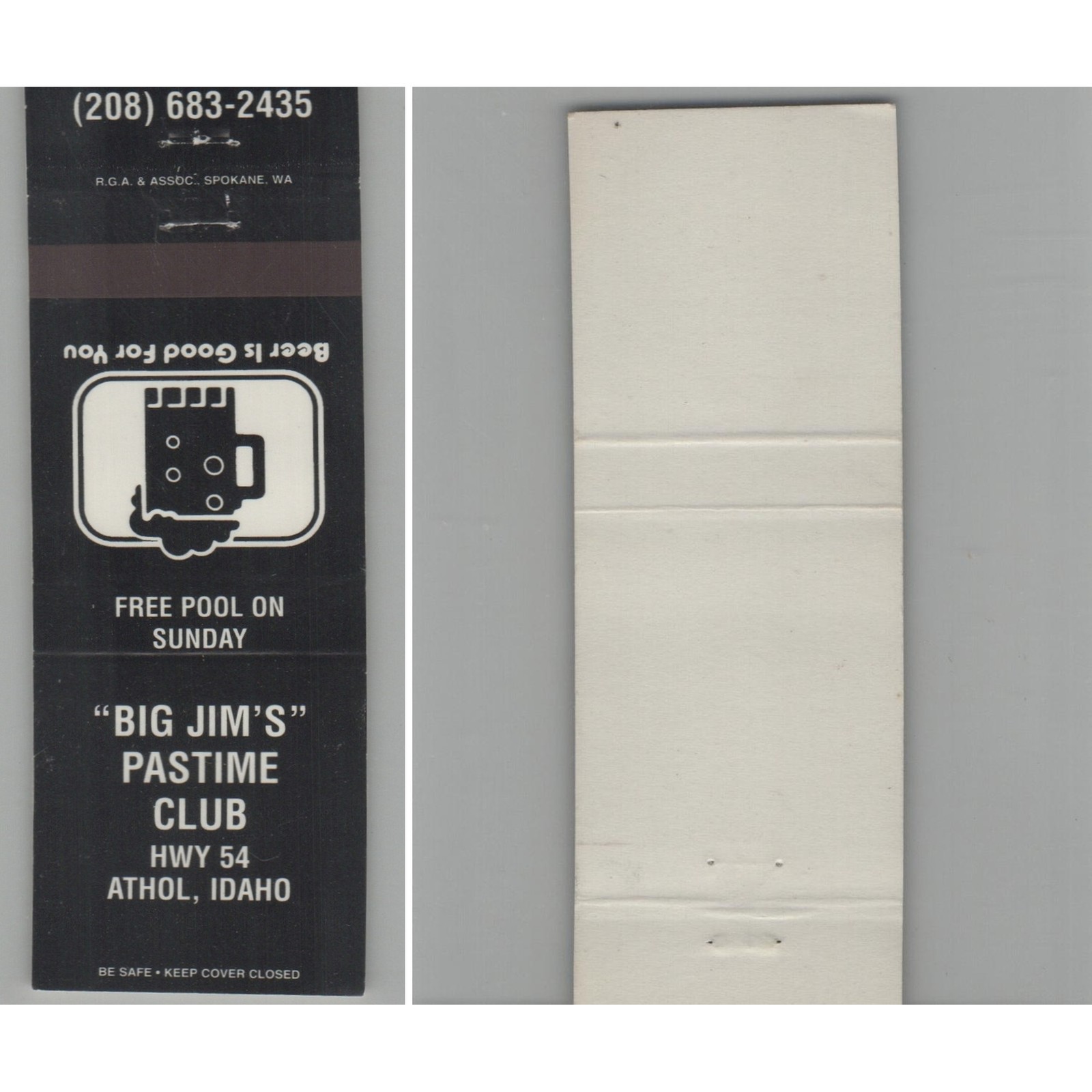 Matchbook Cover Big Jim's Pastime Club Athol ID