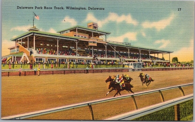 c1940s Wilmington, Del. Postcard DELAWARE PARK RACE TRACK Horse Racing Linen