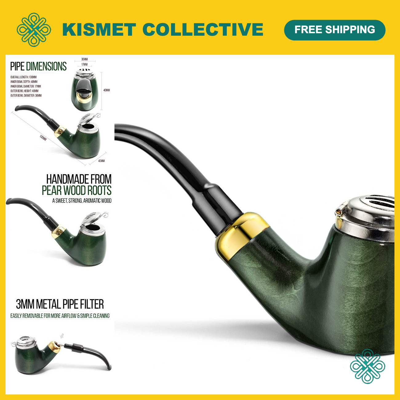 Full Bent Tobacco Pipe - Handmade Pear Wood, Old Army Green, Model #21 - Unique
