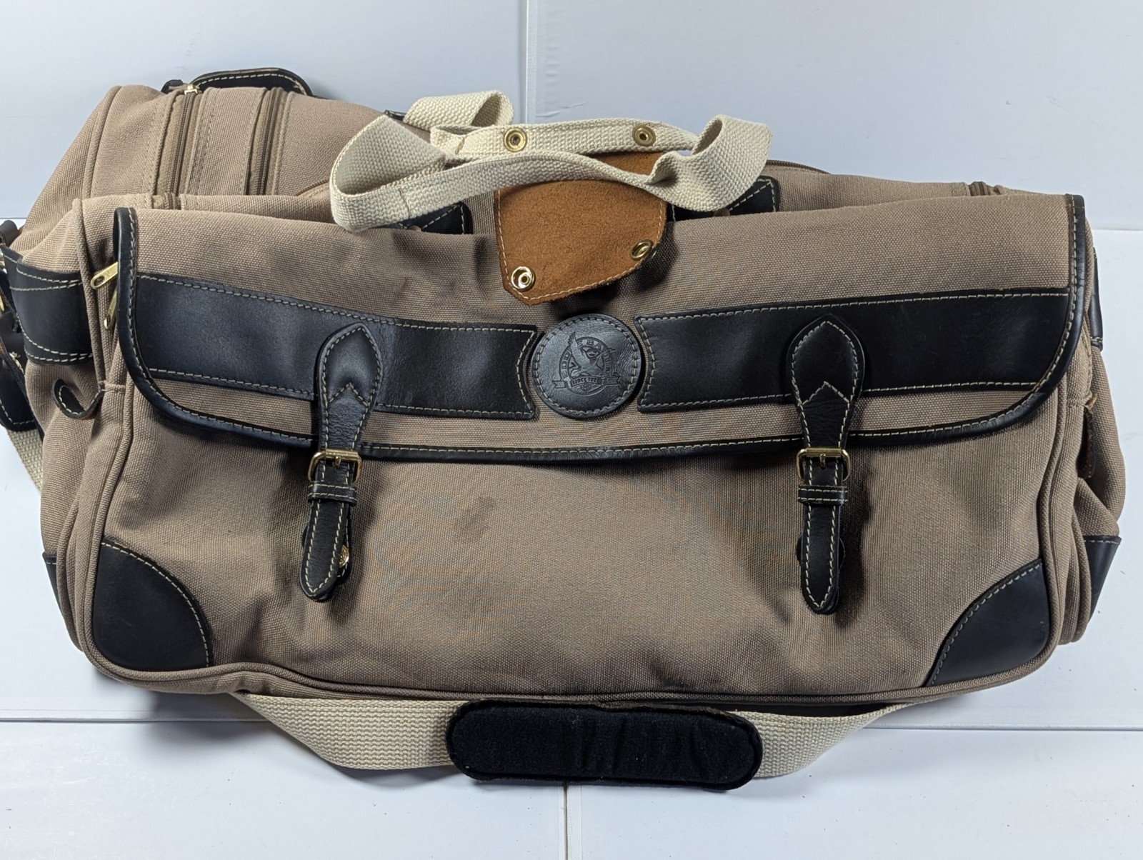Vintage Eddie Bauer Ford Duffel Bag Made in USA Canvas Leather Trim Weekender