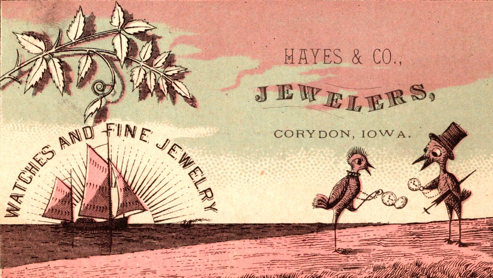 Antique Bird & Top Hat, Pocket Watch, Chain Boss Pat Case Trade Card Corydon, IA