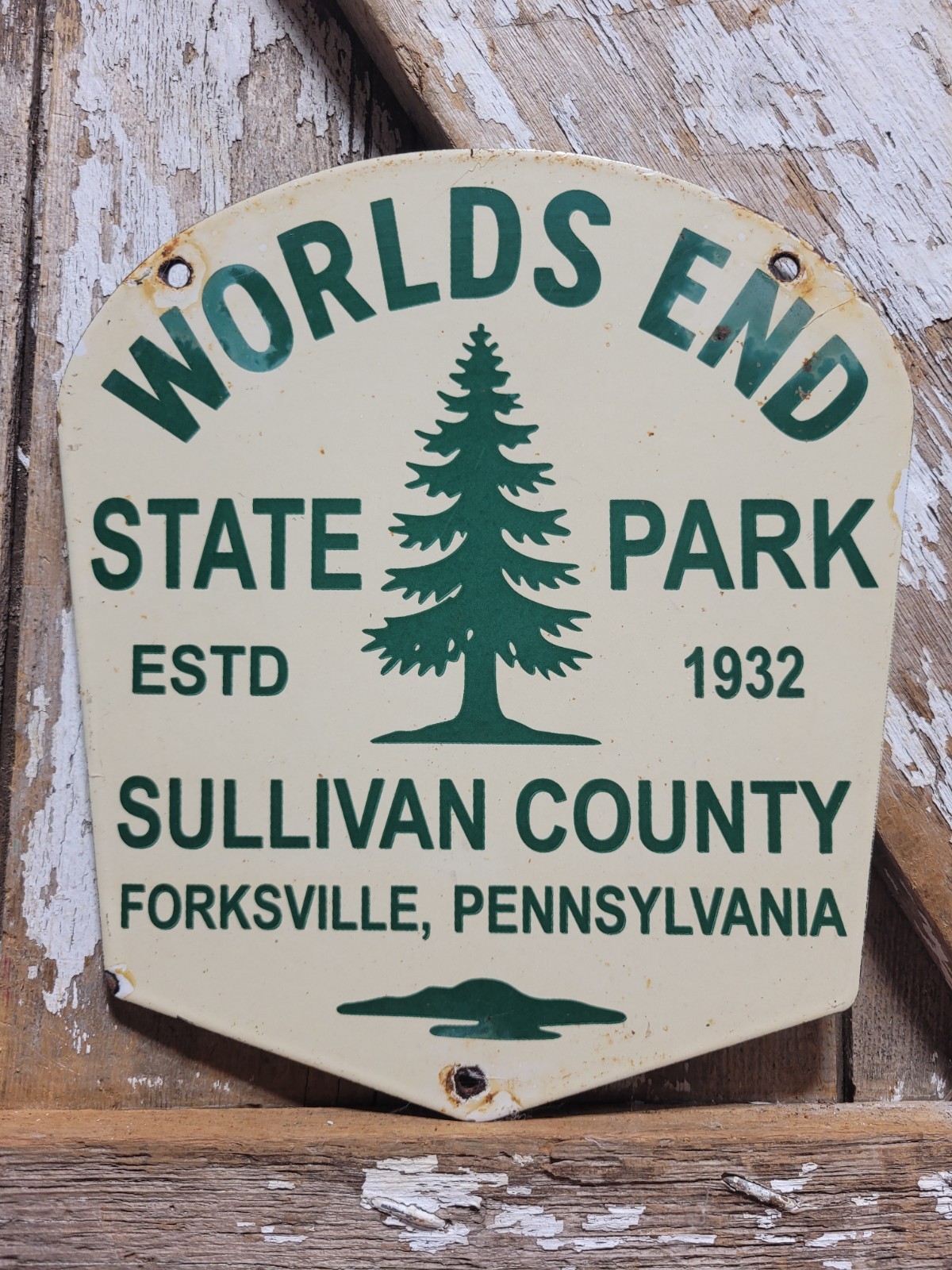 VINTAGE WORLDS END STATE PARK PORCELAIN SIGN OLD PA LOYALSOCK CABINS CAMPING