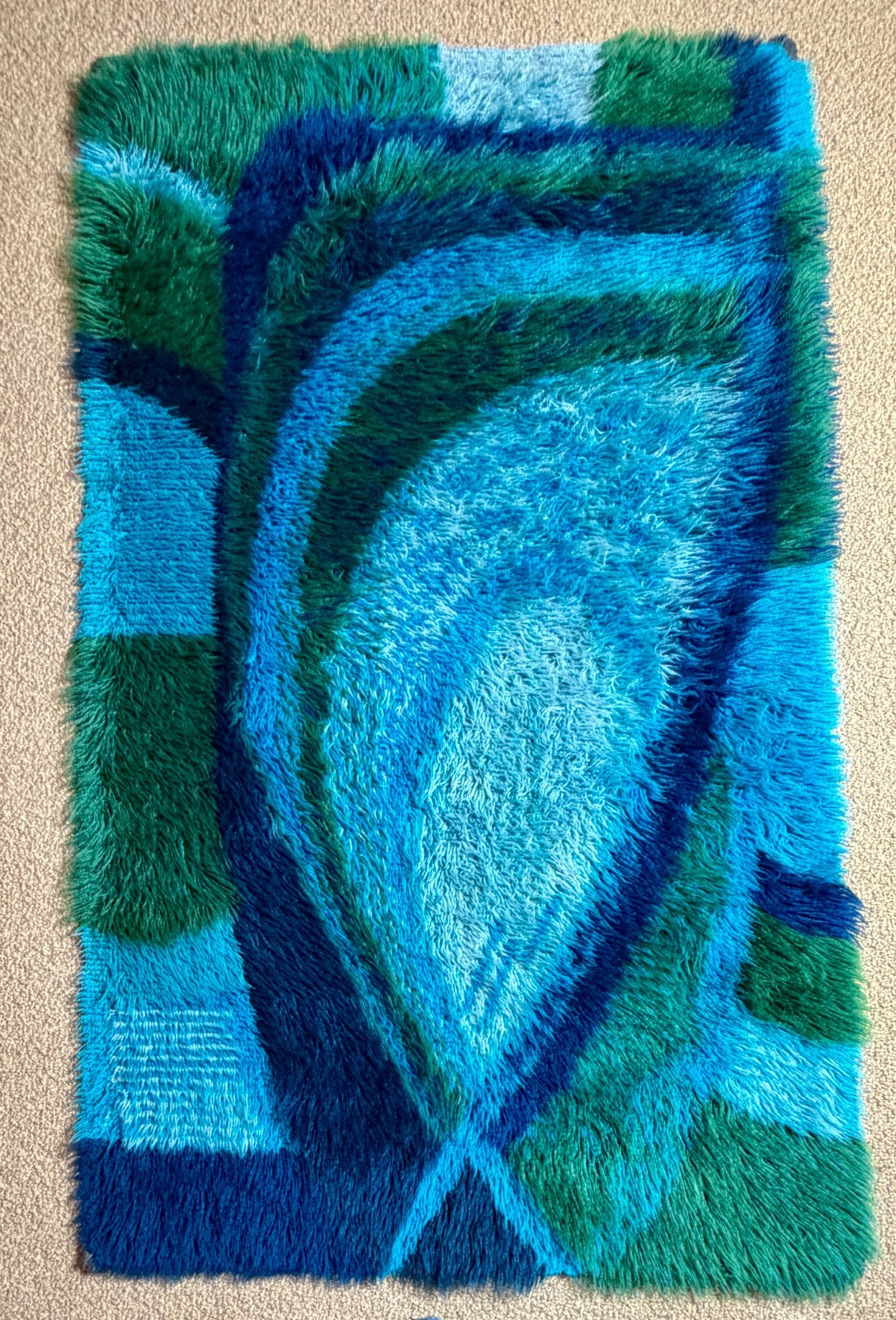Vintage 1970s Scandinavian Rya Rug 3x5 Blue Green Wool Shag Mid Century Modern