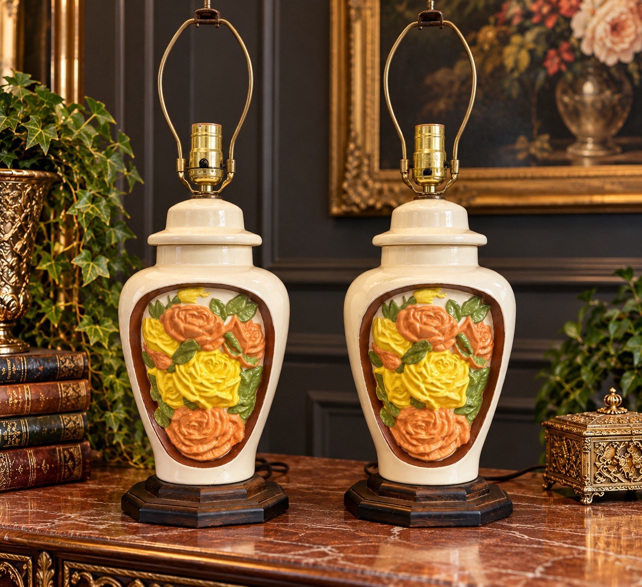 Vintage Pair Ceramic Table Lamps Raised 3D Roses Floral Ginger Jar Wood Base 23”