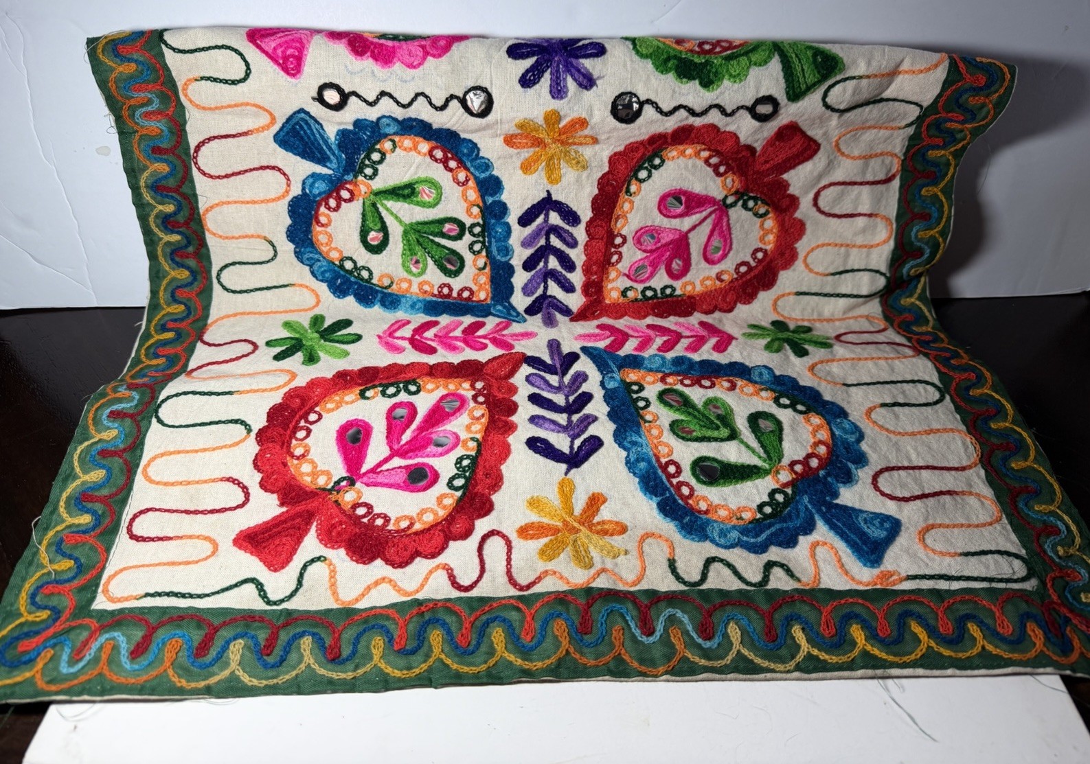 VINTAGE HANDMADE COLORFUL EMBROIDERED RUNNER WITH MIRROR WORK FROM INDIA 60x20