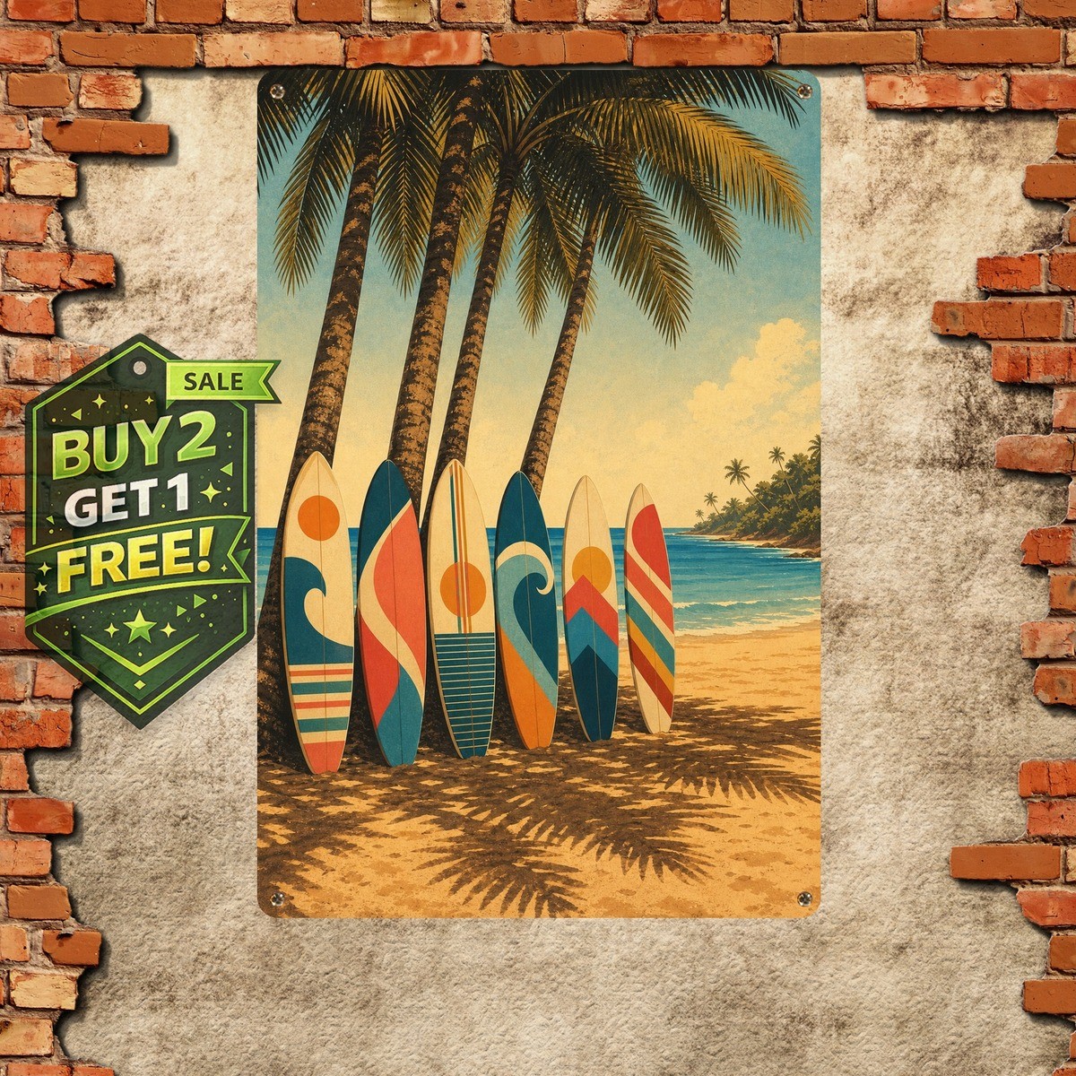 Long Shadows Palm Trees Tropical Beach Surf Scene Metal Tin Sign