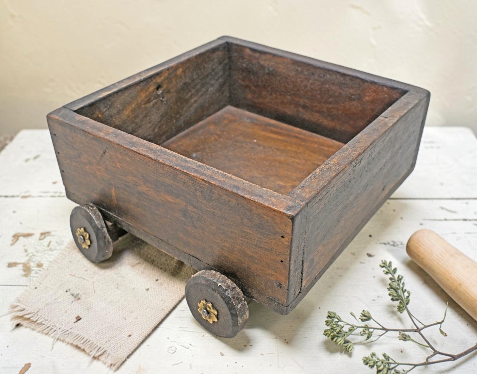 Vintage Wooden Square Basket on Wheels Original Old Hand Crafted