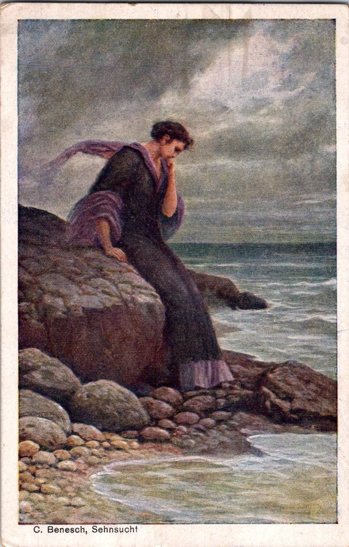 WWI Feldpost Postcard C. Benesch Sehnsucht Woman by Sea 1917 Vienna