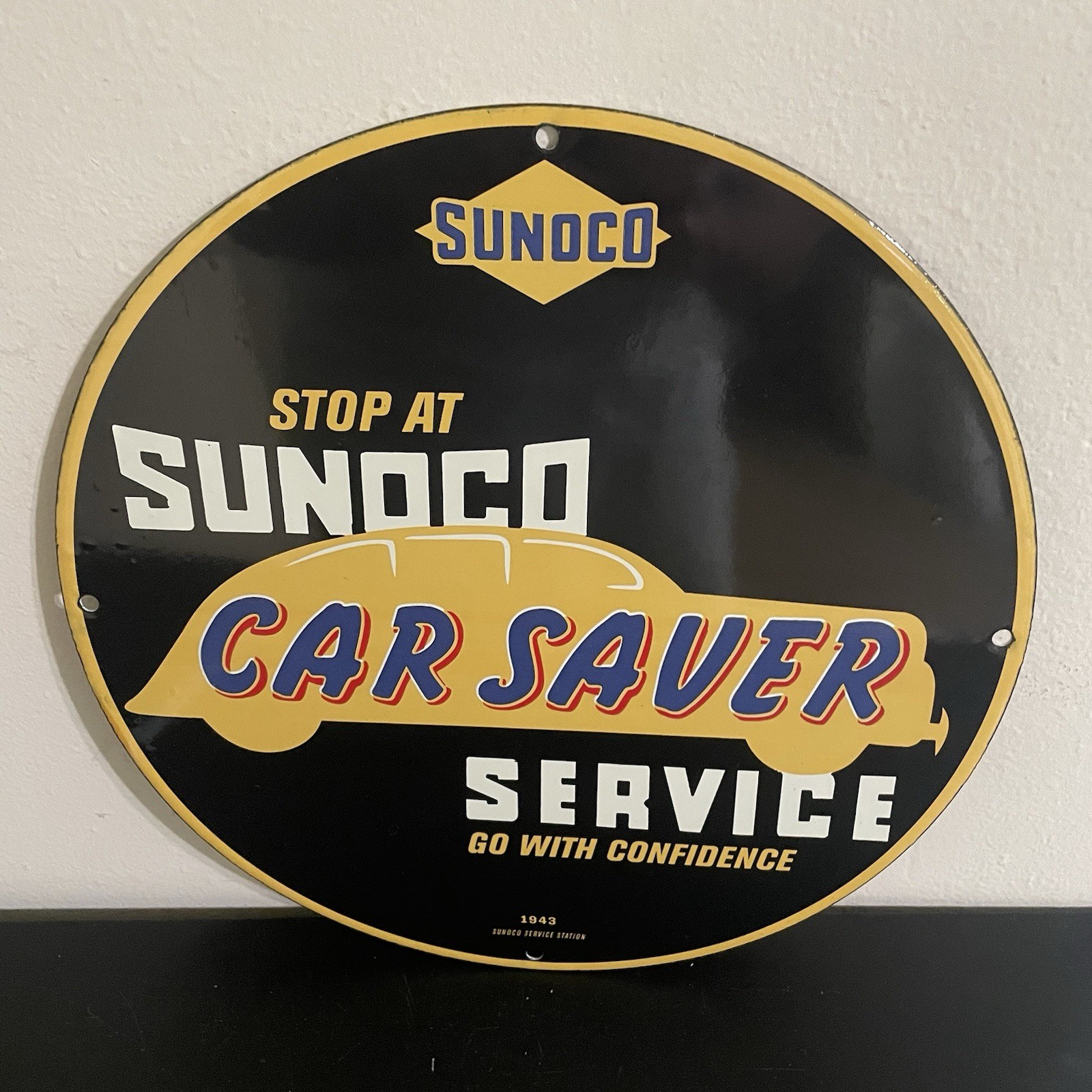 VINTAGE SUNOCO CAR SAVER GASOLINE OIL PORCELAIN SIGN