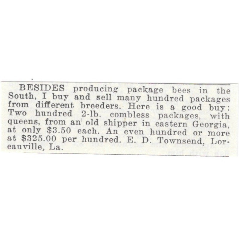 E.D. Townsend Package Bees Loreauville Louisiana 1926 Ad AG3-S23