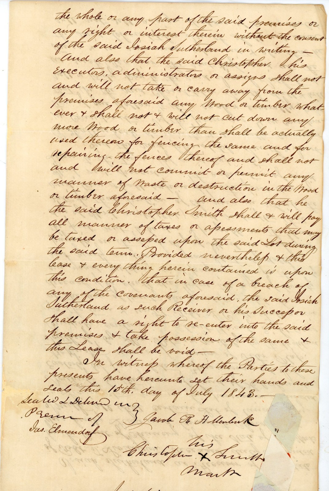 1843 New York Land Lease Deed Livingston NY Signed Christopher Smith Sutherland