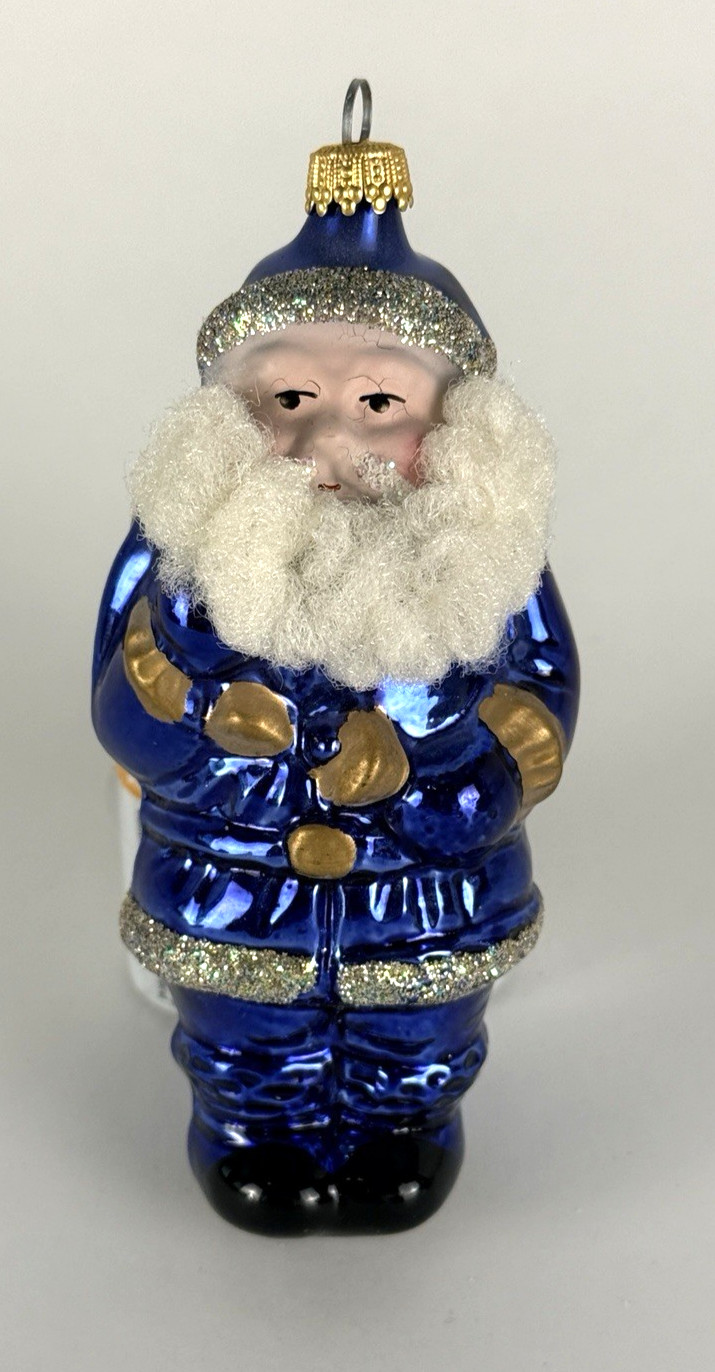 Vtg West Germany Blown Glass Blue Santa Ornament Full Body w/Fabric Beard & Mica