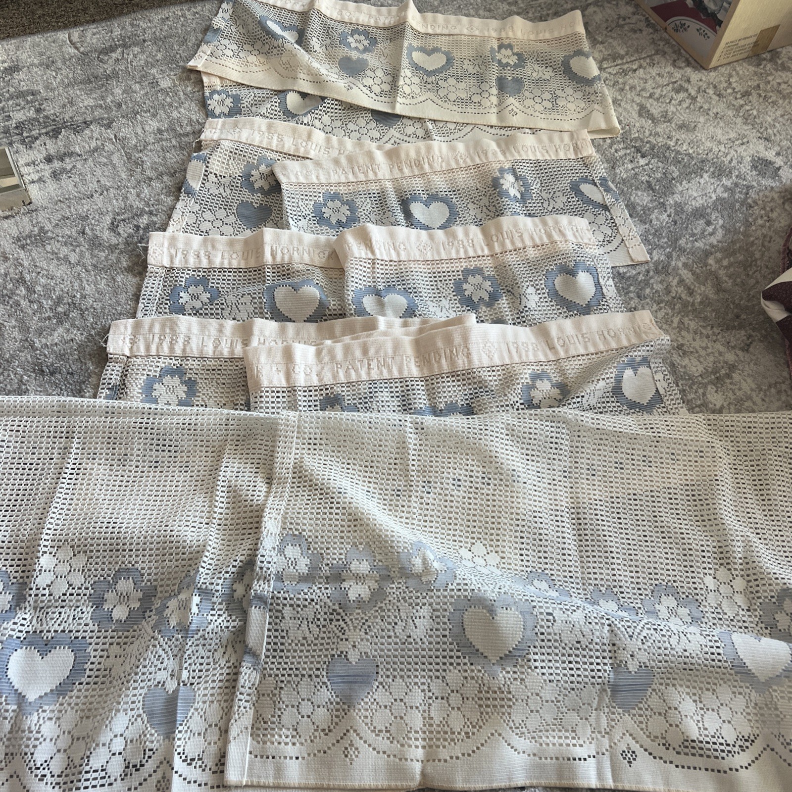 Vintage 1988 Louis Hornick Hearts Flowers Lace Curtains Valances 6 Pc Set