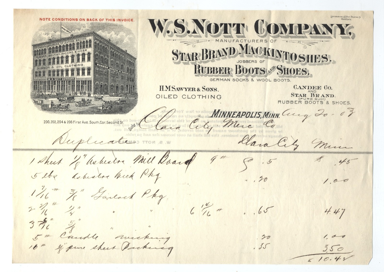 1903  BILLHEAD MINNEAPOLIS  MINNESOTA W S NOTT COMPANY RUBBER BOOTS SHOES