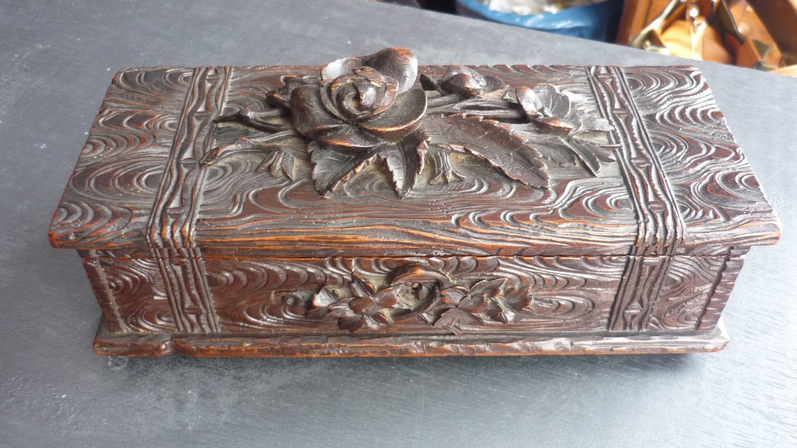 Antique French CHAMONIX  Black Forest Carved Wood Box with Floral Relief