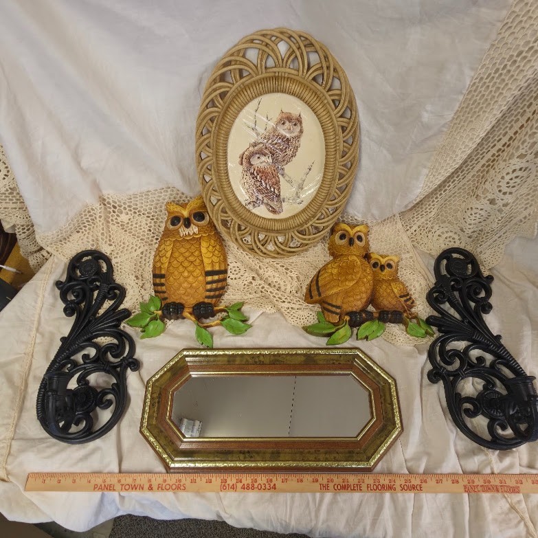 VTG 70s Wall Decor Owls Rattan Wicker Gold Wood Homco Burwood Dart LOT USA EUC