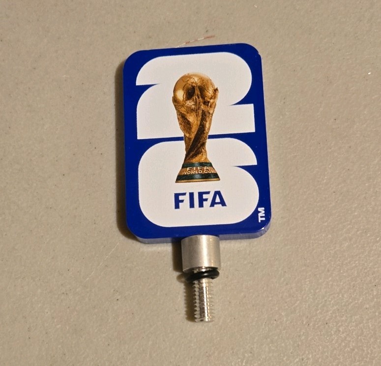 FIFA 26 Beer Tap Handle Knob, Threaded Mount, Blue & White Breweriana