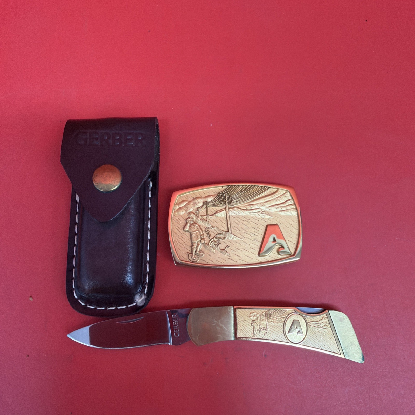 Vintage Gerber Touché Folding Knife w/ Leather Sheath & Jostens Brass Buckle