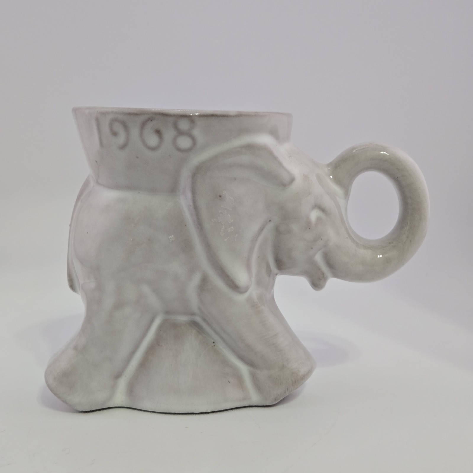 VTG Frankoma 1968 Elephant Mug First Year Signed Redware GOP Trunk Up Off White