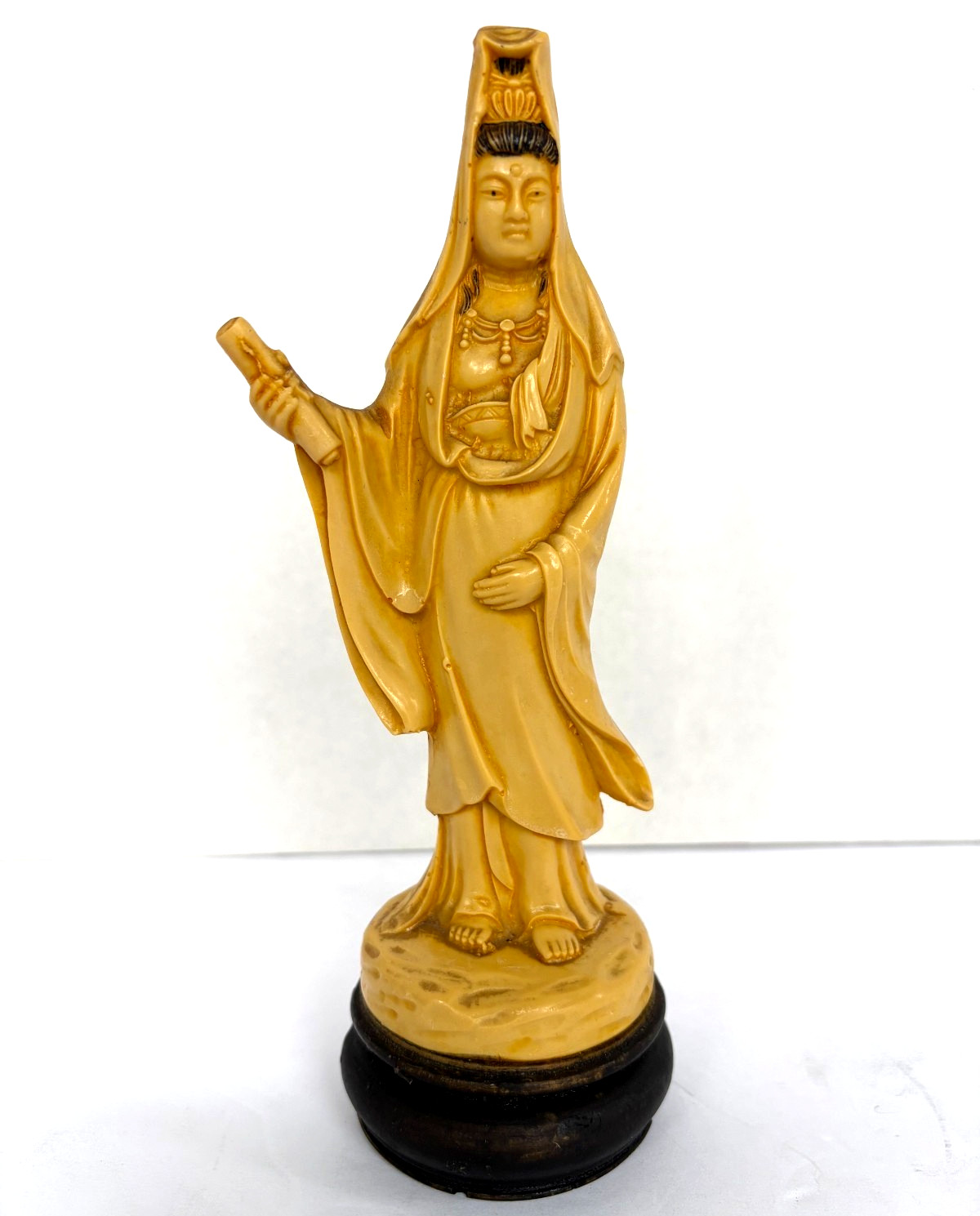 Vintage Kwan Yin Guanyin Statue Faux Ivory Resin Figurine Holding Scroll, Marked