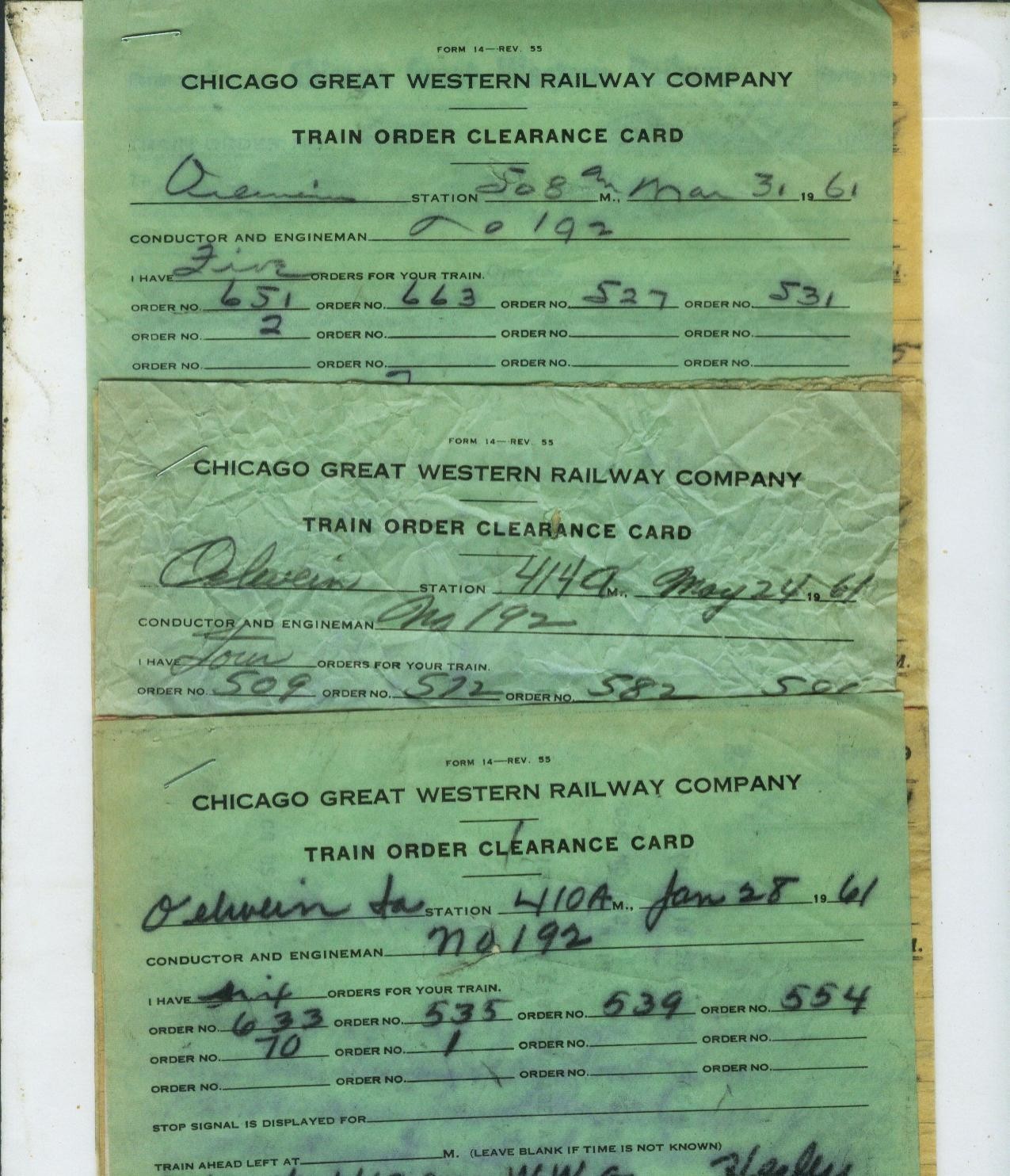 CHICAGO GREAT WESTERN RY. TRAIN ORDERS (15) OELWEIN, IOWA  ALL  1961.