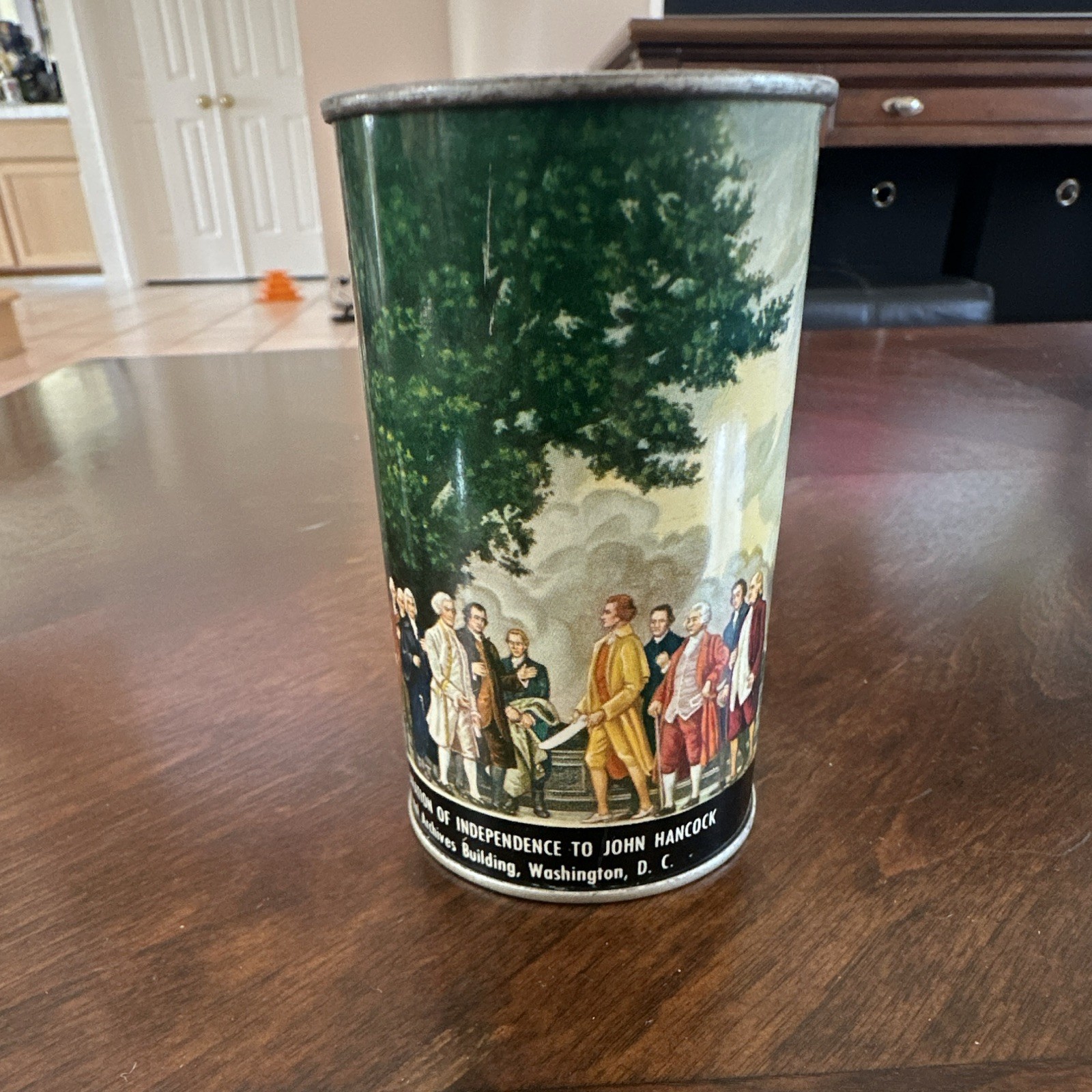 Vintage 1940s American Can Co CANCO Tin Coin Bank Washington Crossing Delaware