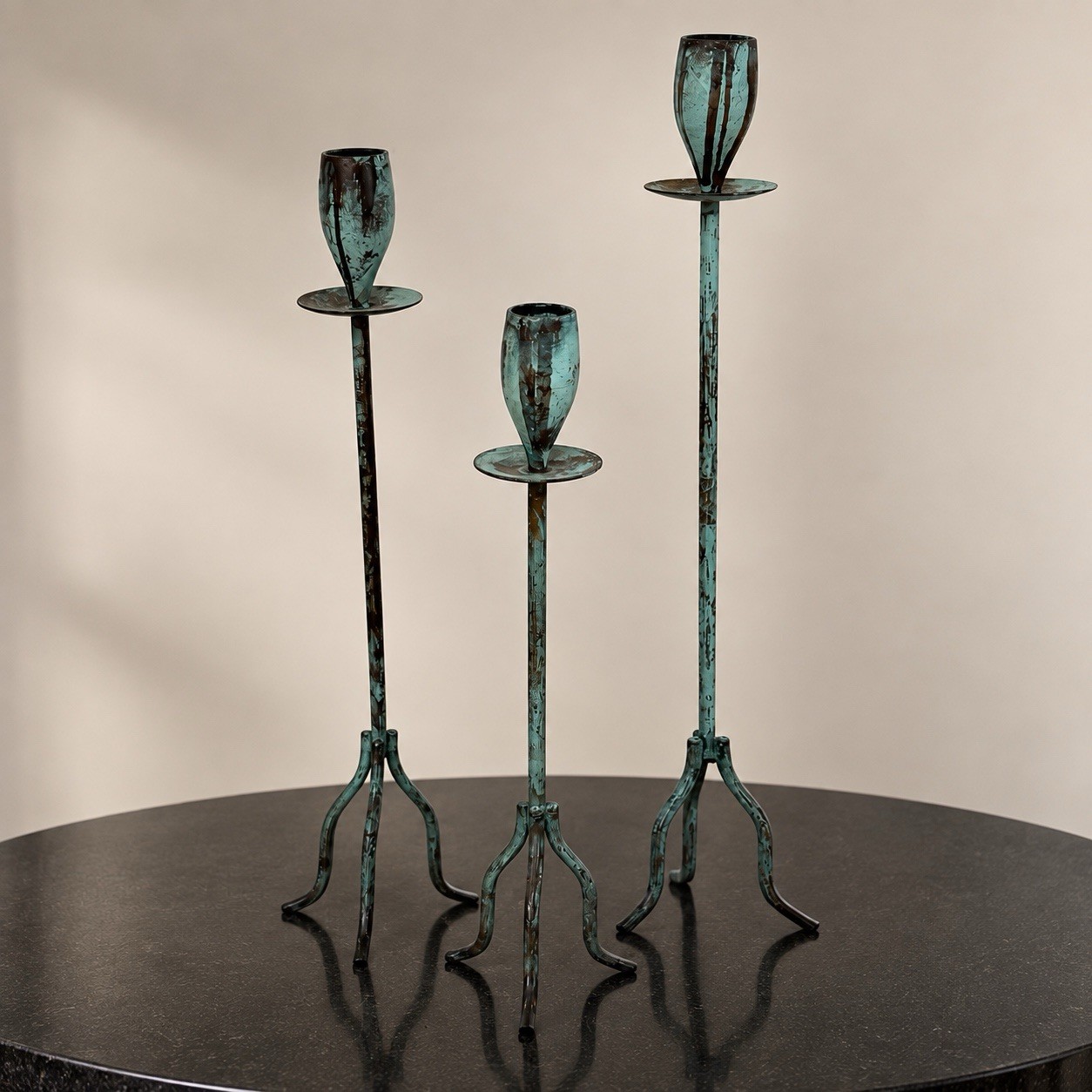 Vintage Brutalist Metal Candlesticks Set 3 Verdigris Patina Tripod Tall Gothic