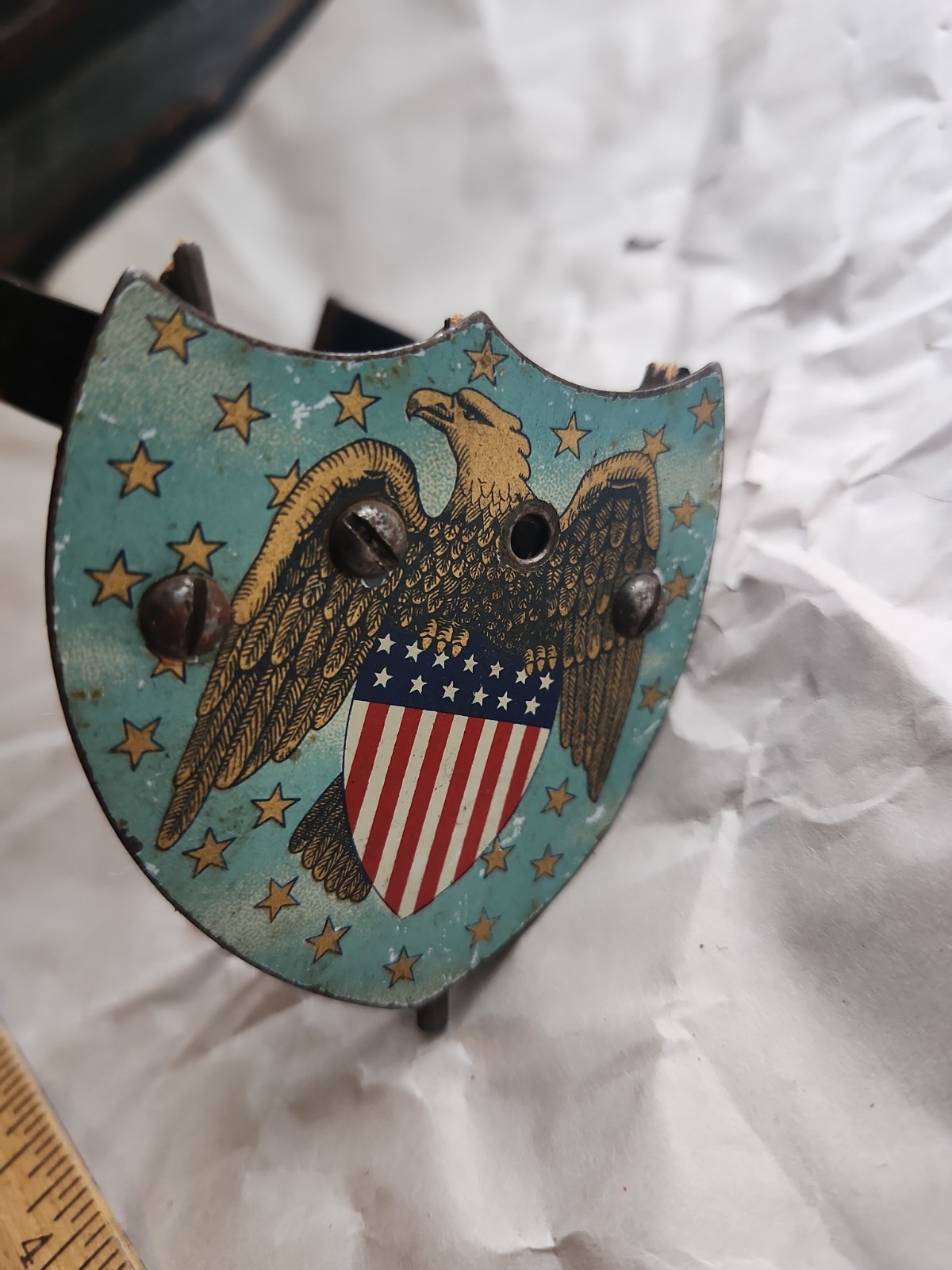 Vtg Patriotic American Shield Auto Radiator Flag Holder 1910s-1930s Bald Eagle