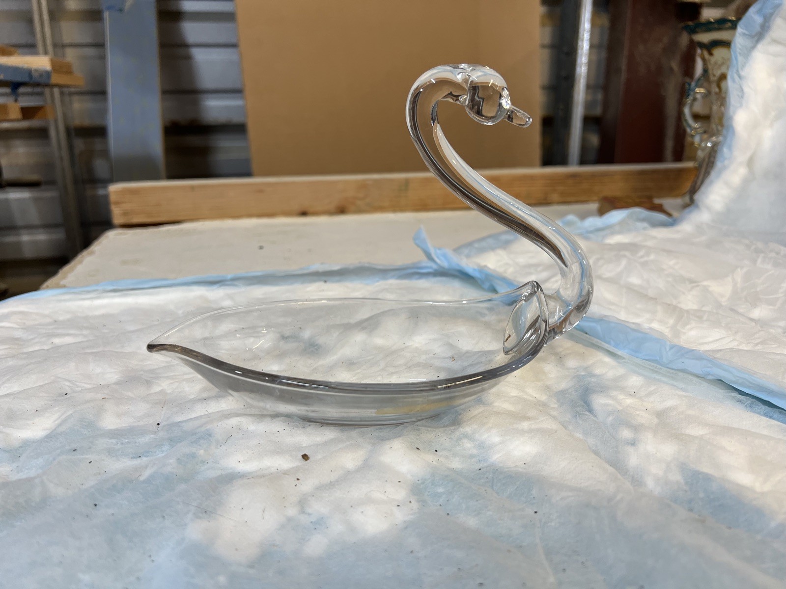 Vintage 1950s Duncan & Miller Clear Glass Swan Bowl Dish Large Retro Centerpiece