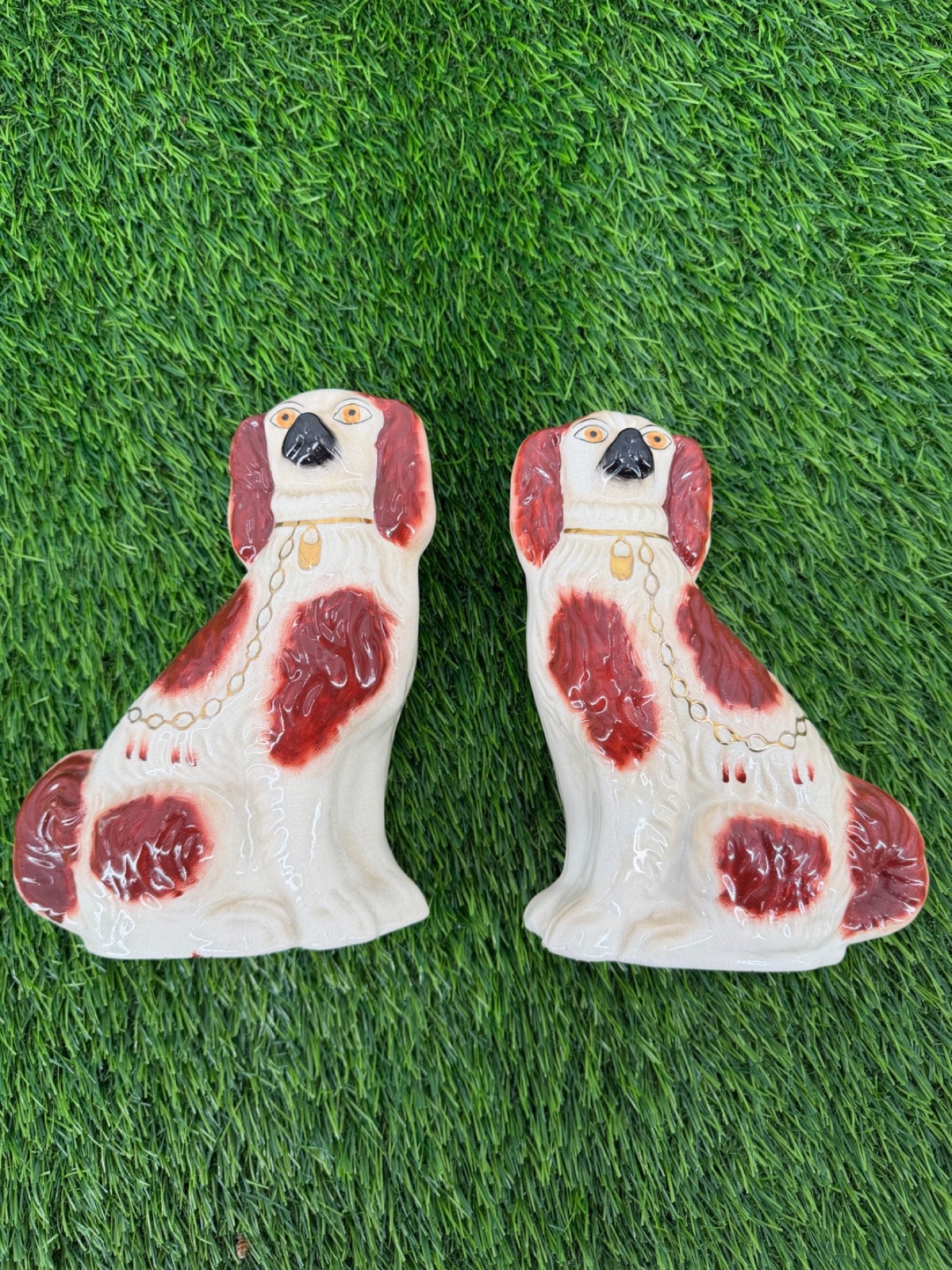 ANTIQUE c.1890 STAFFORDSHIRE SPANIEL STATUE SCULPTURES LARGE MARKED LOT OF 2