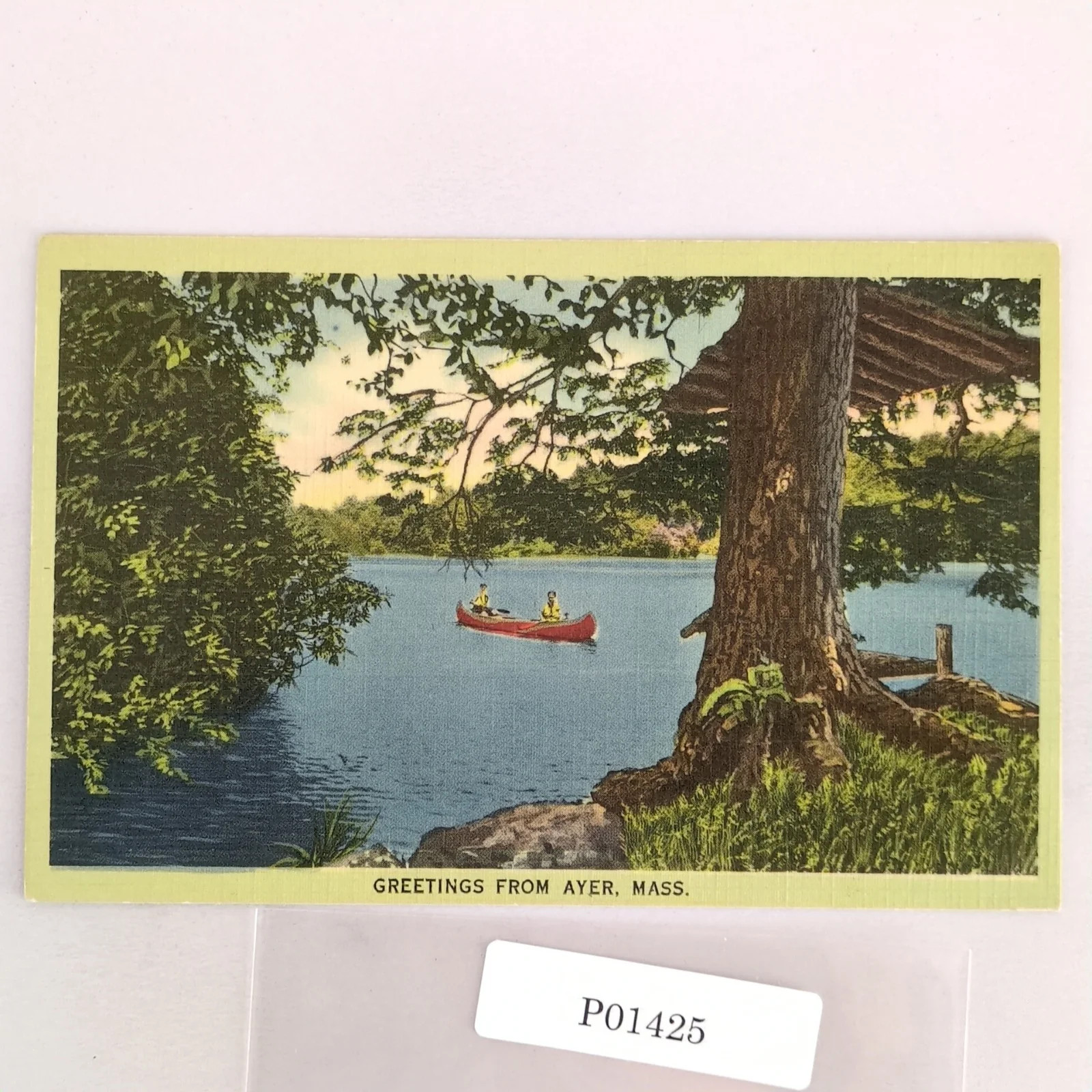 Greetings from Ayer Massachusetts 1930s Linen Postcard MA Canoe on Lake