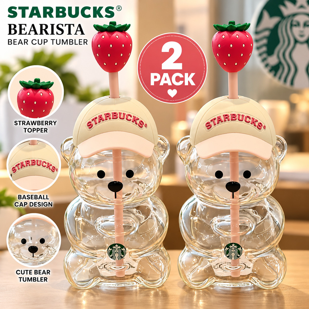Starbucks Bearista Bear Cup Tumbler 2 Pack Strawberry Topper Baseball Cap