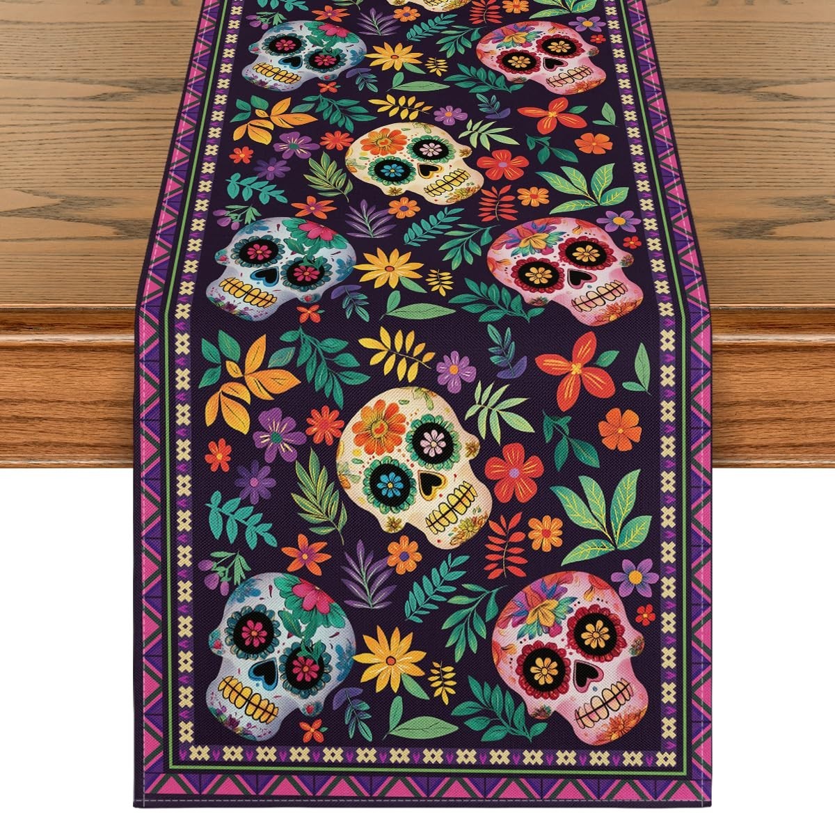Mexican Sugar Skull Table Runner - Dia De Los Muertos Day of the Dead Decor 13x1