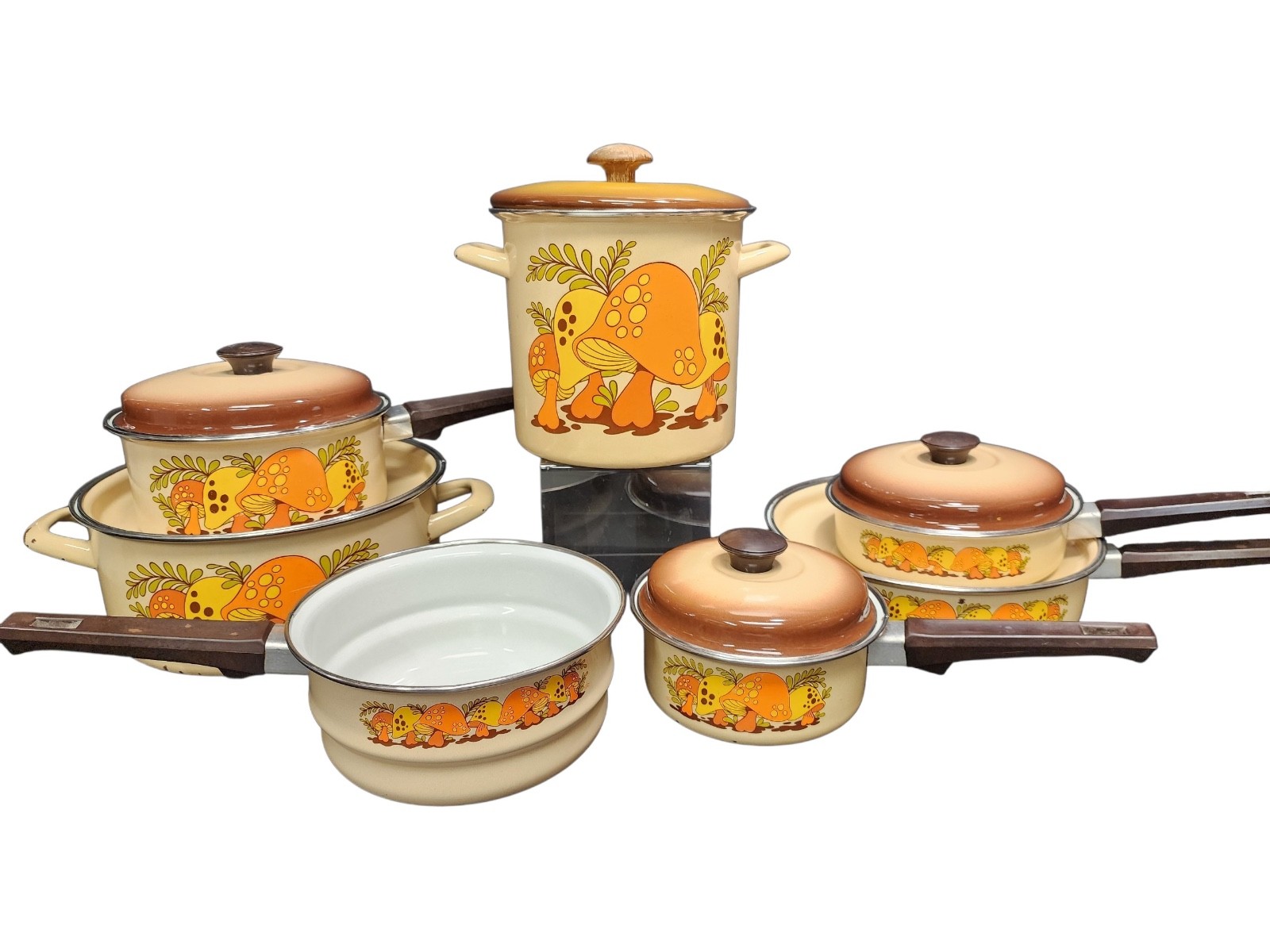 Rare Complete 7 Piece Vtg 70s Sears Merry Mushroom Enamelware Pot/Pan Set