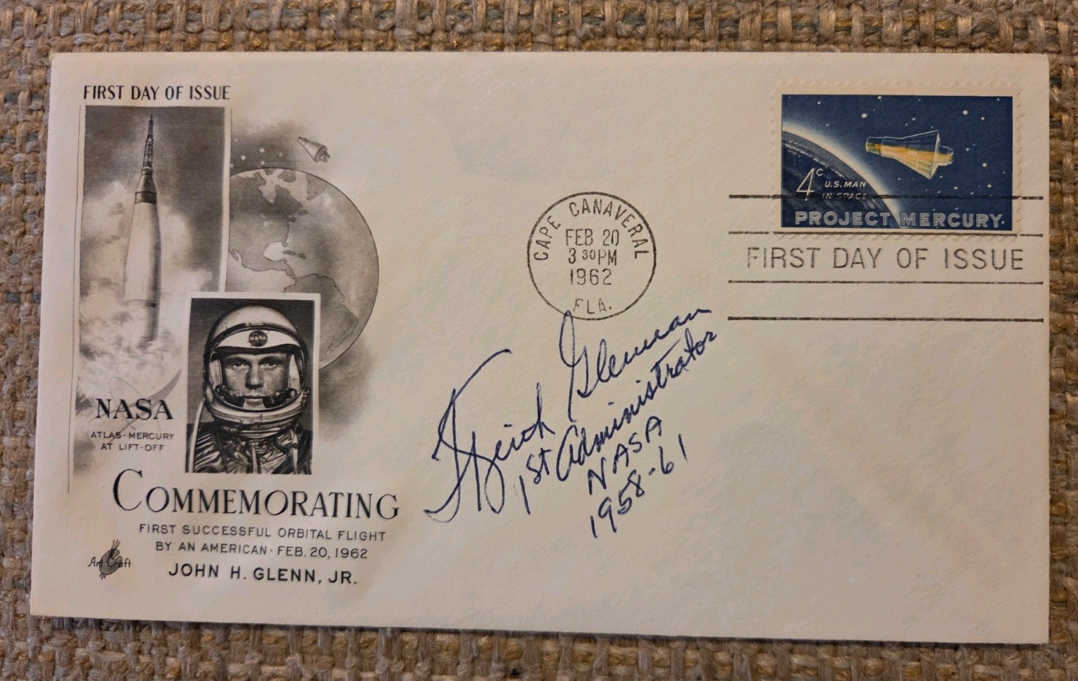 1st NASA ADMINISTRATOR THOMAS KEITH GLENNAN signed 1962 COMMEMORATIVE FDC RARE