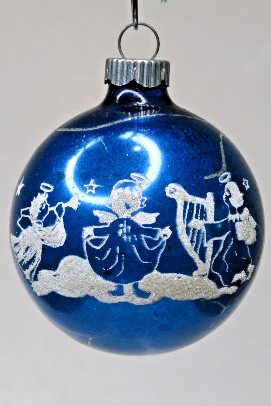 VTG Glass Stencil ANGEL BAND on Cloud Pictured BALL Christmas Ornament Corning