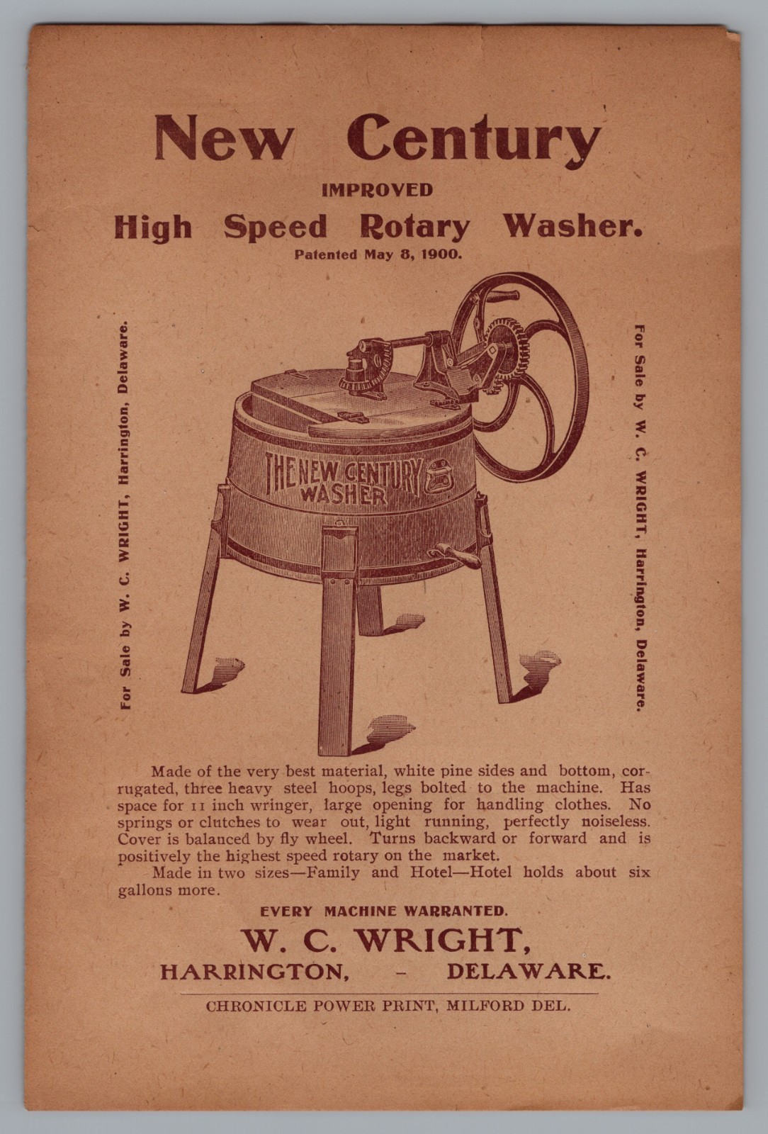 1900 New Century High Speed Rotary Washer Flyer W C Wright Harrington Delaware