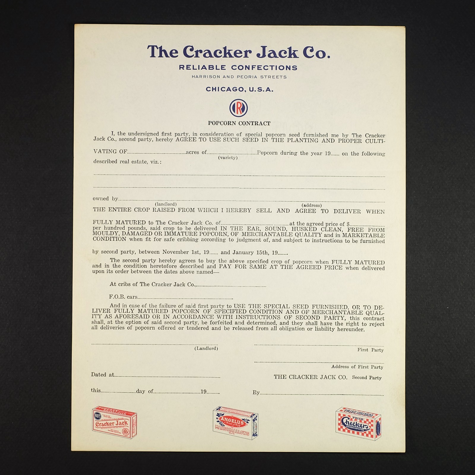 1920s Cracker Jack / Checkers Confection / Angelus Marshmallows Adv. Contract