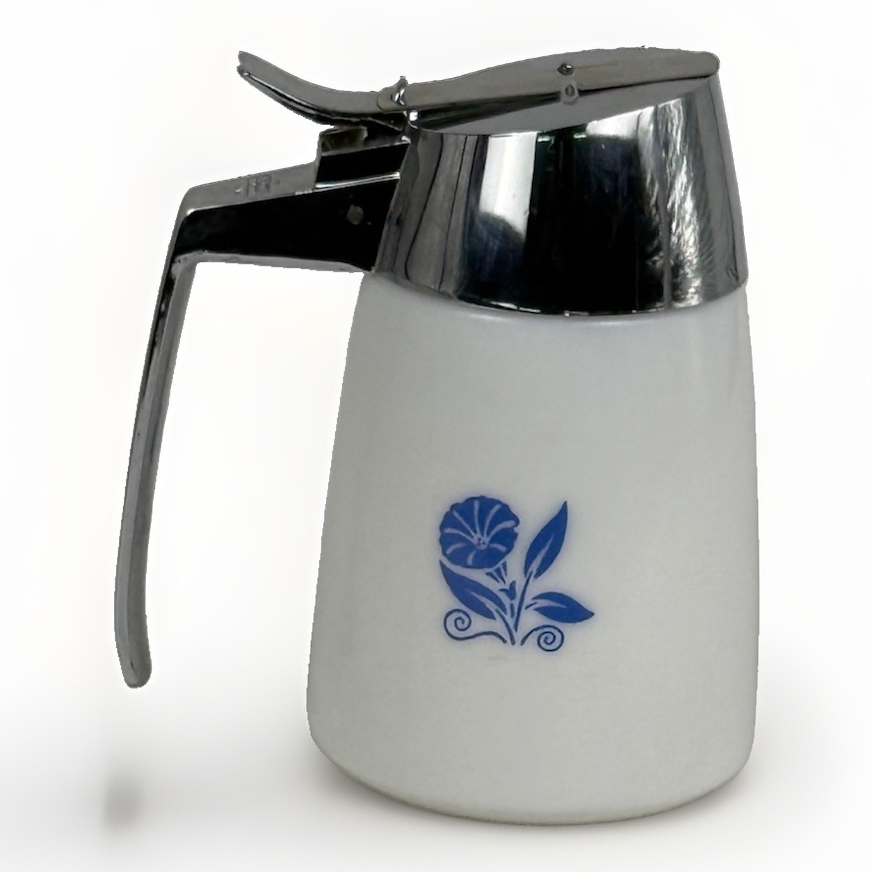 Vintage Dripcut Model 900 Syrup Dispenser Milk Glass Blue Morning Glory MCM